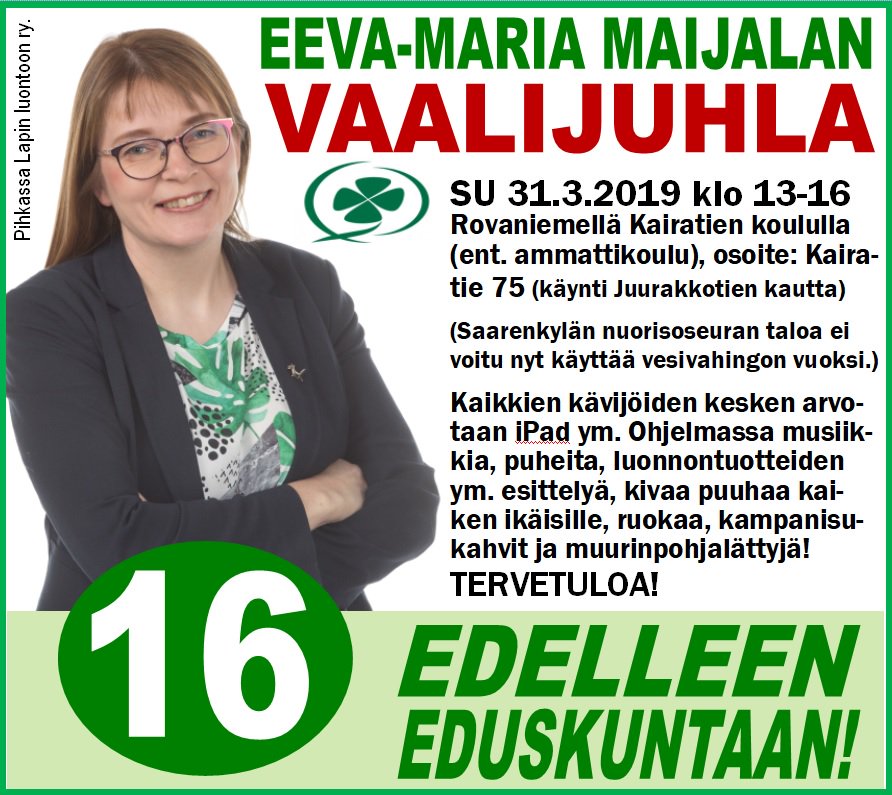 EMMaijala's tweet photo. Moni on kysynyt, järjestänkö tällä kertaa suurta vaalijuhlaa. Kyllä se jälleen pidetään. Laittakaahan kalenteriin sunnuntai 31.3.! #eduskuntavaalit #eduskunta @keskusta #rovaniemi #lappi https://t.co/GssNSzGBTv