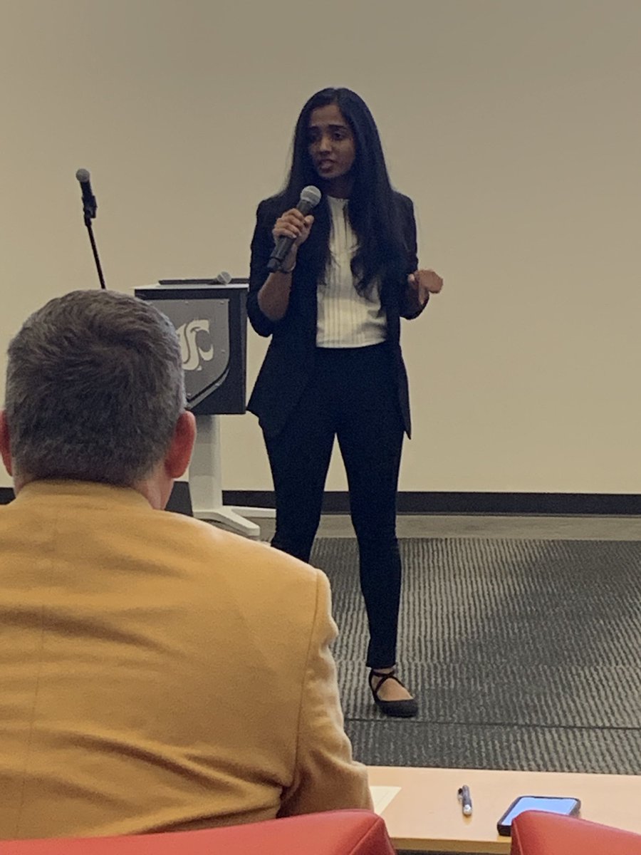 VCEA_Dean's tweet photo. WOW!  Ayumi Manaeadu, PhD candidate in civil engineering is a rock star!  She’s killing her 3MT presentation.   Discussing Engineers as doctors to detect and remediate illness in bridges. #EngineersRock. #SheLooksLikeanEngineer https://t.co/RU7hkrwJFB