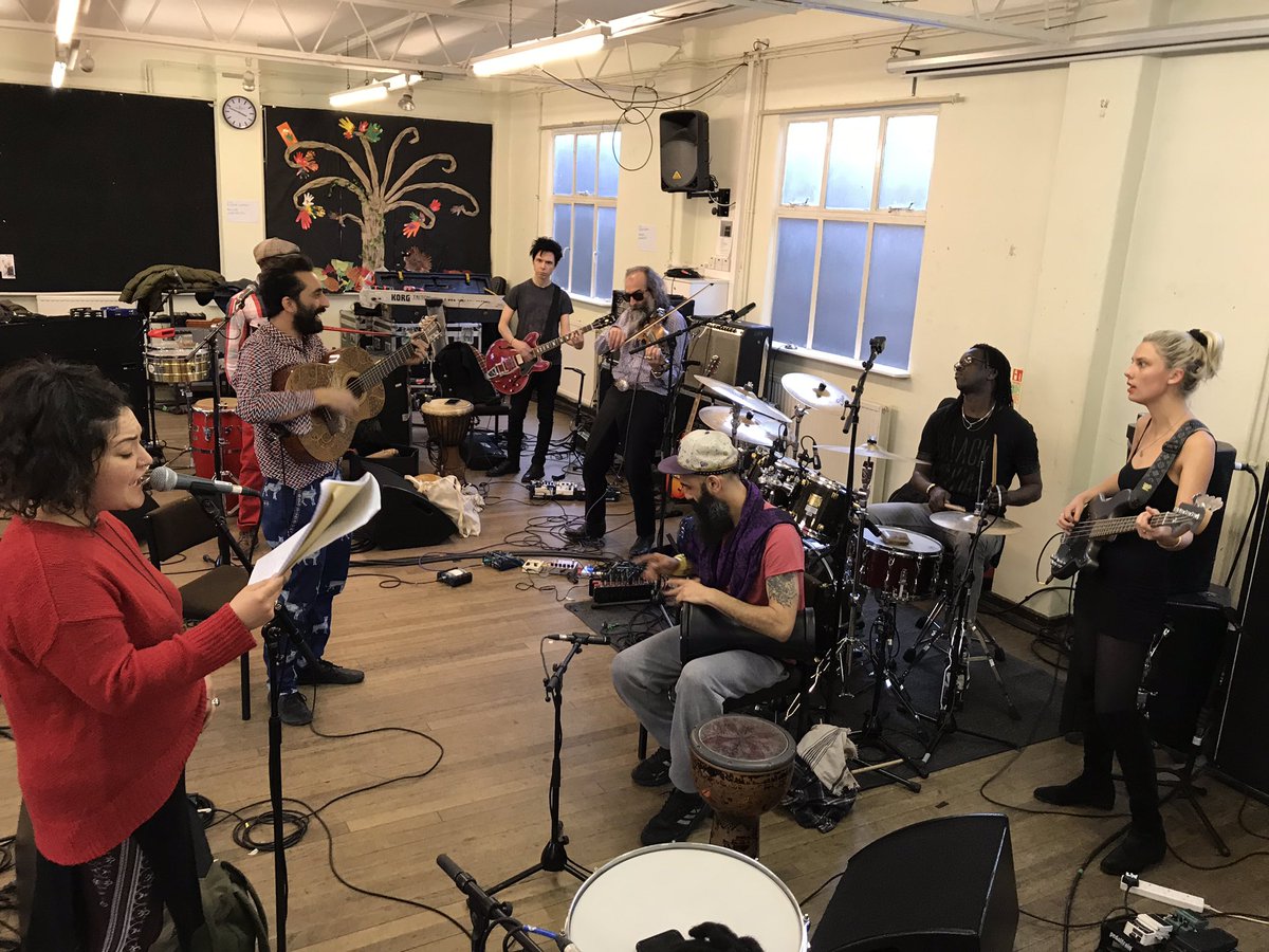 Where do you find @TheTurbans, @nickzinner, @elliecrowsell, Mamadou Sarr, @Dobet_Gnahore & Warren Ellis? In one of the @africaexpress rehearsal rooms!🎪🎪🎪