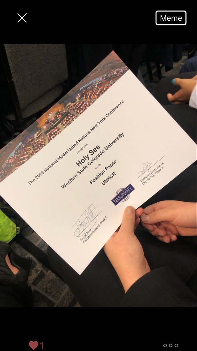 WesternModelUN's tweet photo. WCU Model UN wins recognition award for UNHCR Position Paper (Morgan and Maeve) @WesternColoU @UN @Pontifex @WesternModelUN https://t.co/oNzNmepkrQ