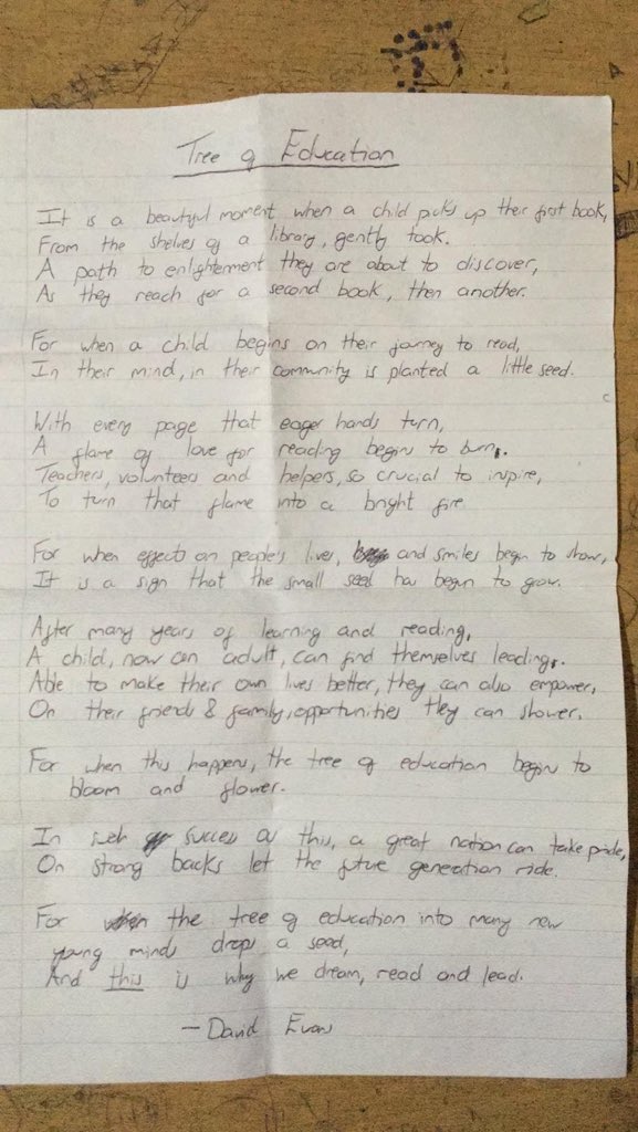 eduspots's tweet photo. A wonderful poem by David from @BrightonCollege which was read at the Alumadan literacy event led by local volunteers. #dreamreadlead #youthleadership #reading #stories #treeofeducation https://t.co/8tlFbH00KB