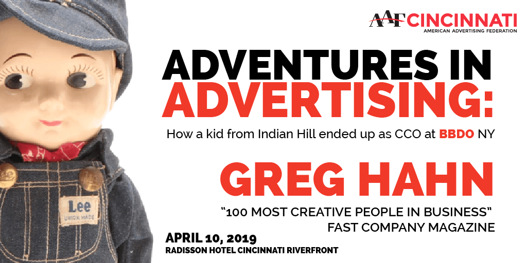 judy_aaf's tweet photo. "Care &amp; Feeding of Creativity" @aafcincnnati April 10 lunch with #BBDONY's CCO Greg Hahn. A Cincy kid! Need more reasons to register? How about "Most awarded agency in the world." You might learn something! @heywhipple says, "Dude is brill!" Register now! https://t.co/gThm8nKy6q https://t.co/xcILlX8RnC