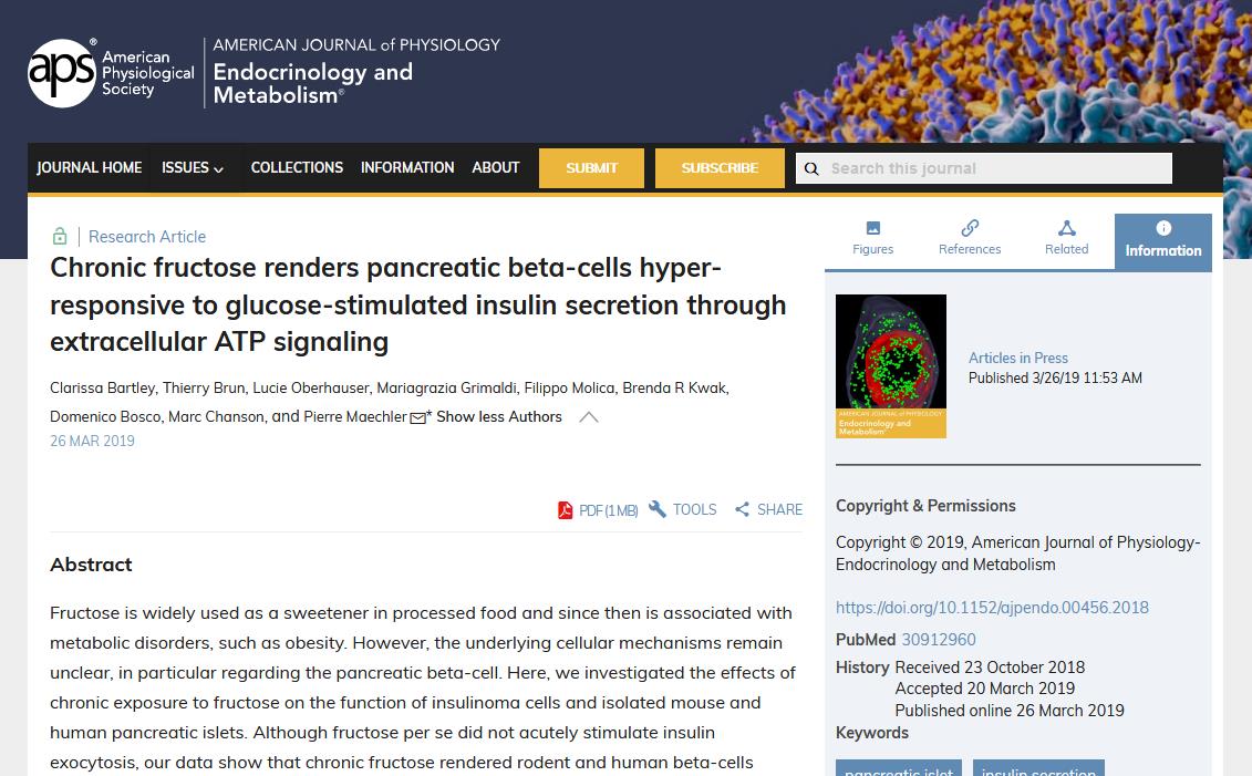 Chronic fructose and ATP signaling in pancreatic ß-cells; NEW #ArticlesinPresS For details, click here: ow.ly/ORAH30odDmm @UNIGEnews @unige_en @Hopitaux_unige #pancreaticislet #insulinsecretion #fructose #ATP #purinergicreceptor