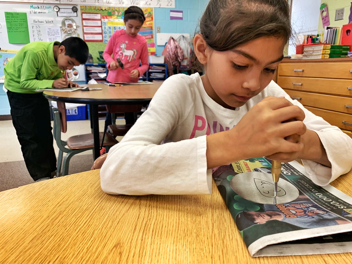 LRESchool's tweet photo. Connections to culture! Tin smithing in our fourth grade classes today! Lessons in beginning with the end in mind. @Rachel_Zone3 @ABQschools #ADayinSchool @TheLeaderinMe https://t.co/MKvbioIyxI