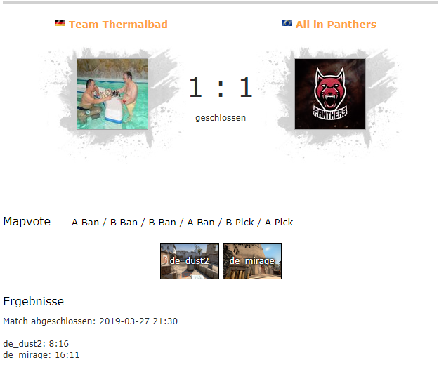All_In_eSport's tweet photo. 1:1! Erstes Spiel von heute vorbei... Das Team #AllinPanthers konnte heute ihr zweites Match in der #99dmg Liga gegen #TeamThermalbad mit einem Unentschieden beenden.

Dust2 16-8 (10-5)
Mirage 11:16 (3-12) https://t.co/AvoKBXHADz