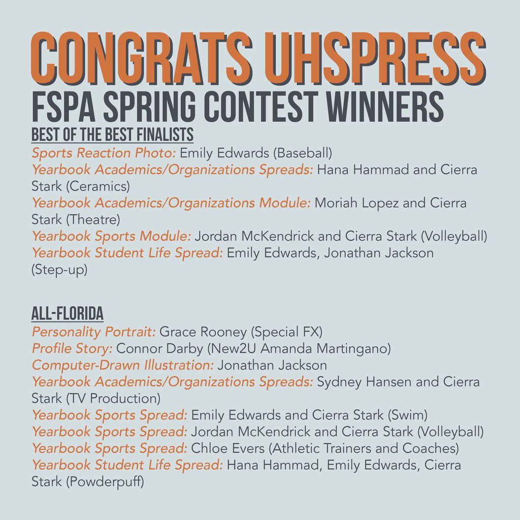 I’m so proud of you! <a href="/FSPA/">FSPA</a> best of the best finalists:
Sports Reaction: Emily Edwards 
Ybk Academics Spreads: Hana Hammad and Cierra Stark
Ybk Academics Mod: Moriah Lopez and Cierra Stark
Ybk Sports Mod: Jordan McKendrick &amp; Cierra
Ybk Student Life Spread: Emily, Jonathan Jackson