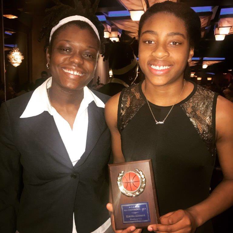wufsdathletics's tweet photo. Westbury Girls Basketball Leading scorer Kirina Azemar received All Conference honors at the Nassau Girls Basketball Dinner on 3/26/19 at the Crest Hollow CC. Pictured left is WHS Coach Janel Monah and right is Kirina. Congratulations! https://t.co/uNPHzrlg6Z