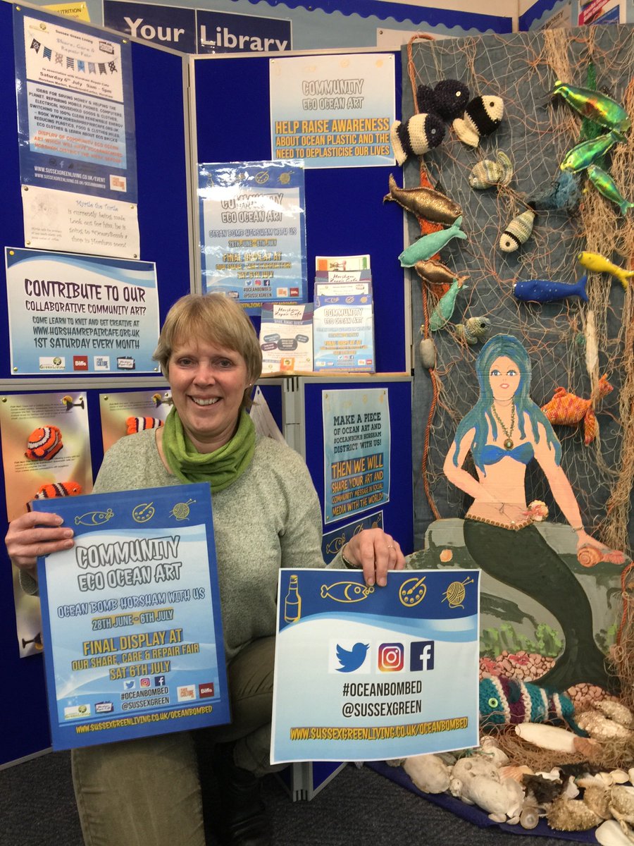 Sussexgreen's tweet image. Artists impression of #MirelleTheMermaid &amp;amp; her fish had a lovely week @WSCCLibraries. &apos;Real&apos; Mirelle is returning 11-18.05 #OceanBombed #HorshamLibrary 4 #EUGreenWeek. Art that doesn&apos;t cost the Earth #PassOnPlastic  @WSrecycles Part of @HDculture2019 @horshamfestival thxs @Biffa