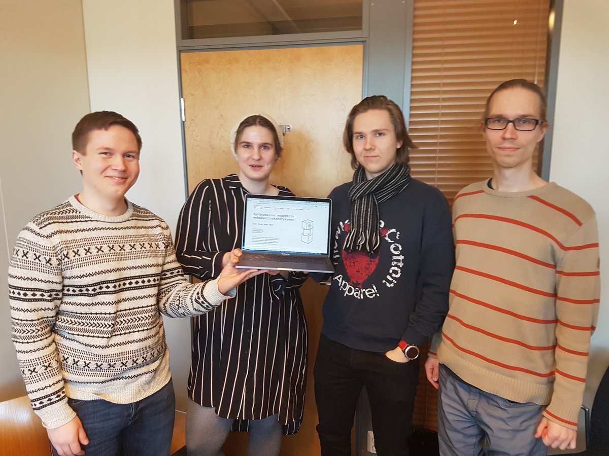 English version of the Full stack web-development MOOC fullstackopen-2019.github.io will be launched 3rd June! The first meeting of our awesome translation team was today. <a href="/KumpulaScience/">Faculty of Science, University of Helsinki</a> <a href="/helsinkiuni/">University of Helsinki</a> <a href="/houstoninc/">Houston Inc</a> <a href="/Terveystalo/">Terveystalo</a> @elisaoyj <a href="/Konecranes/">Konecranes</a> <a href="/unity3d/">Unity3D (inactive)</a>