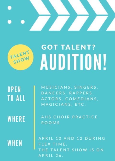 ahs_LL's tweet photo. ATTENTION STUDENTS OF ALEDO HIGH: Leading Ladies is putting on another Talent Show for your viewing pleasure! But first, we need the talents! AUDITIONS for the show are April 10th and 12th during Flex time in the AHS Choir practice room! Share &amp; help us spread the word!!!! 🕺🏻🕺🏻 https://t.co/tZEOUOJeQ2