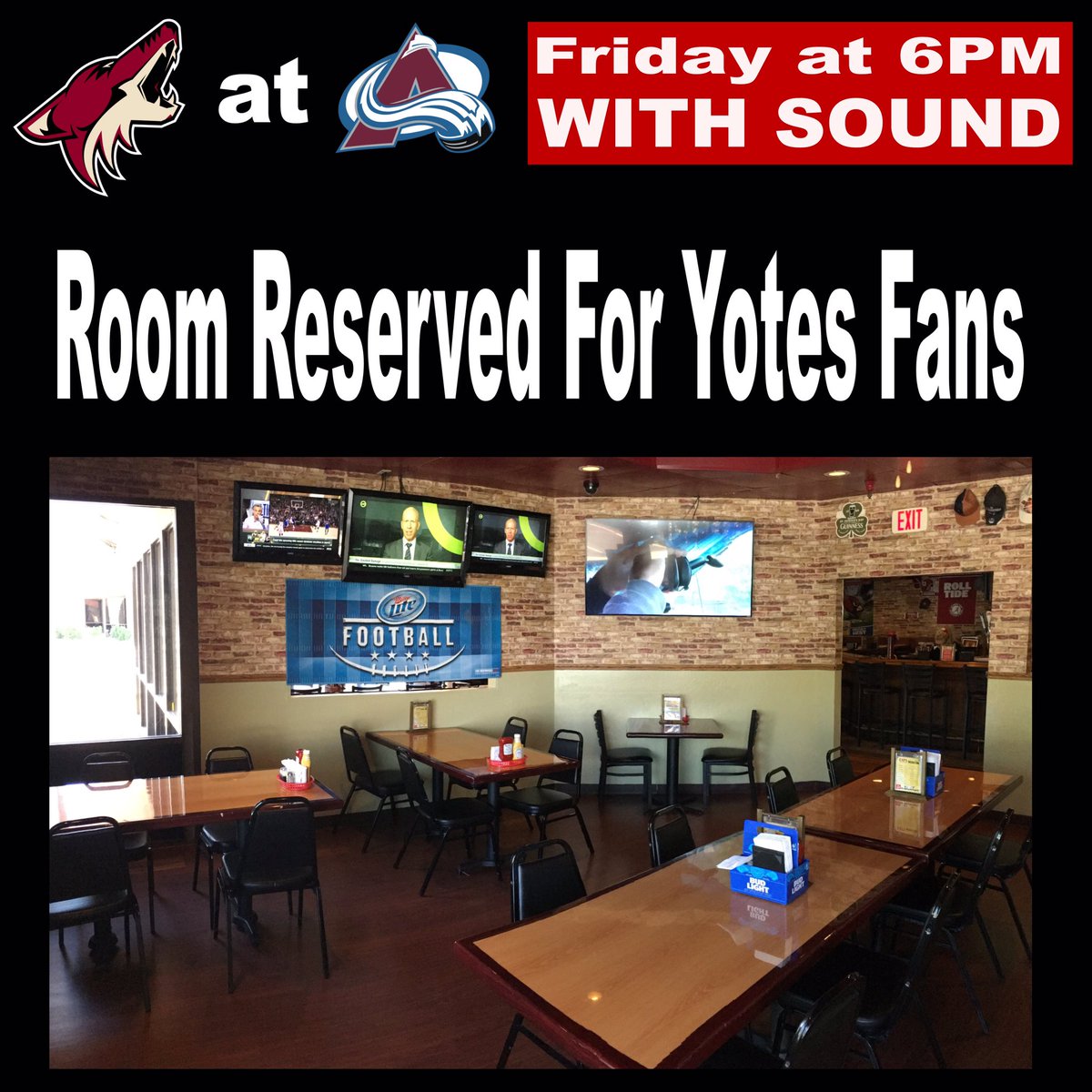 capssportsgrill's tweet photo. Yotes at Avalanche...Friday at 6pm...Room reserved for first 24 Yotes fans @capssportsgrill ! #OurPack #ScratchinAndClawin #GamesWithSound https://t.co/BC4x4K9aMf