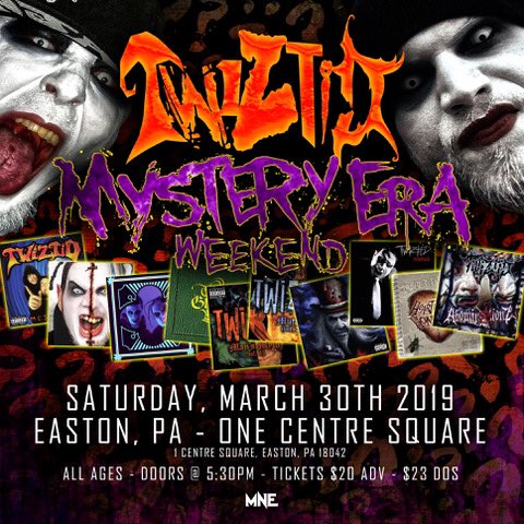 majikninjaent's tweet photo. Saturday night @tweetmesohard 's #mysteryera weekend hits Easton, PA at #onecentresquare 💀
Grab your tickets through the link in bio (tours tab)
Don't forget all #vips go in a raffle to win a crew worn jersey!!!
Get yours @twiztidshop 🔥
#majikninjaentertainment #twiztid https://t.co/lsrNLS5Rq4