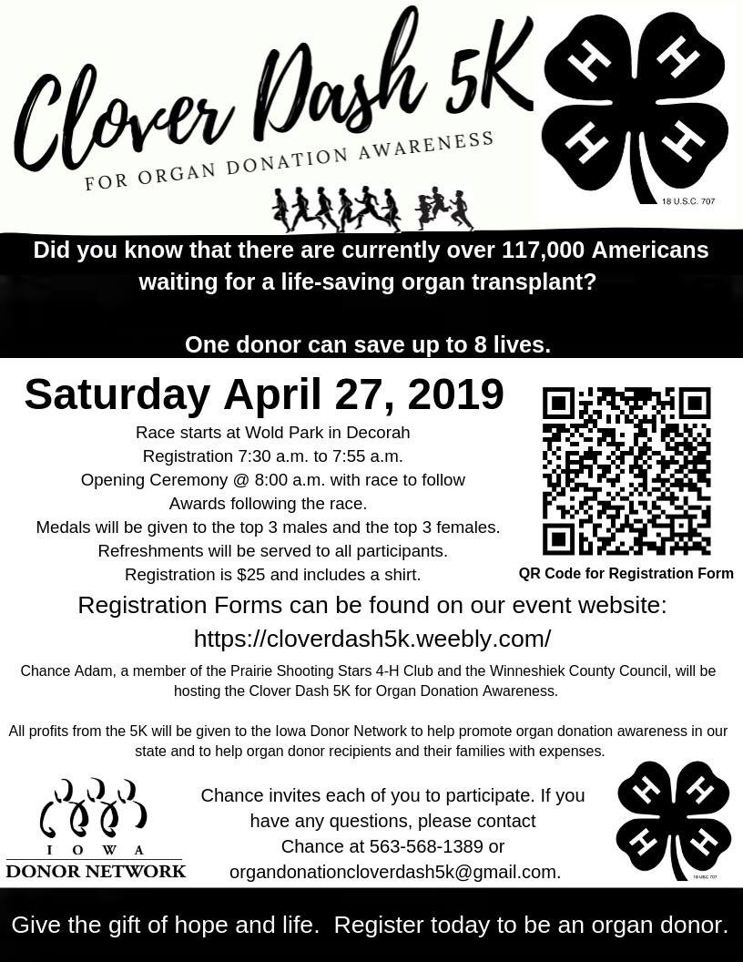 Consider participating in this 5K. For more details please visit cloverdash5k.weebly.com