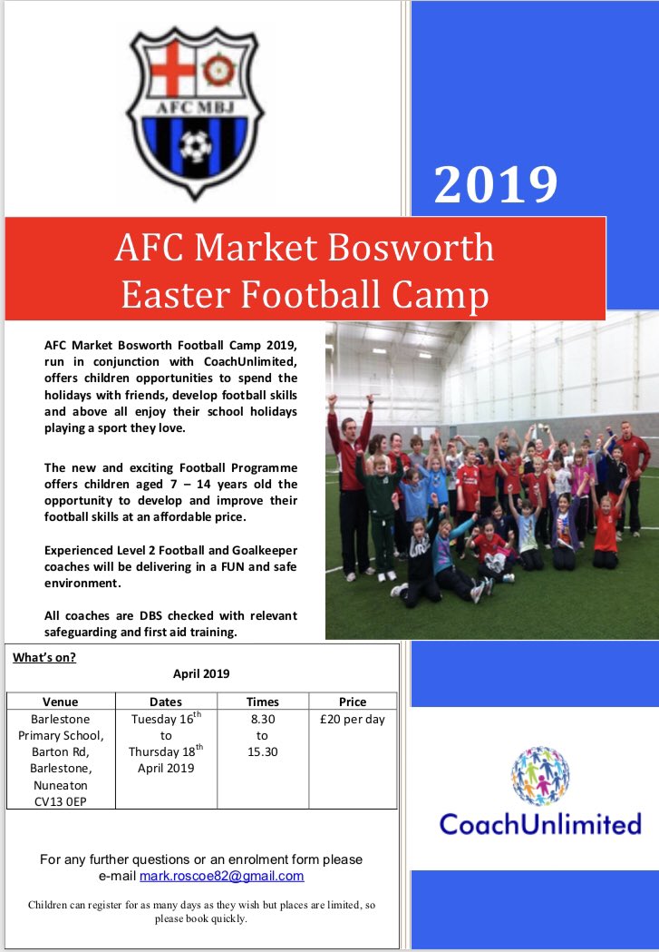 Are you still looking for childcare during the Easter holidays. Get your reservation in before it’s to late for the AFC Market Bosworth football camp run by FA licensed coaches 🥅⚽️🏆