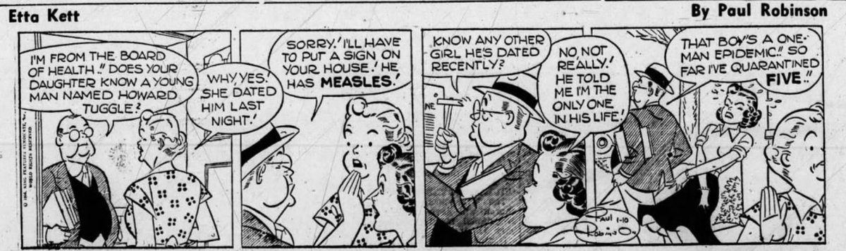 In this 1956 "Etta Kett" strip, they make light of how many people one person was able to infect with measles.How could they laugh at such a serious disease? Were they ignorant to what was going on before their very eyes?