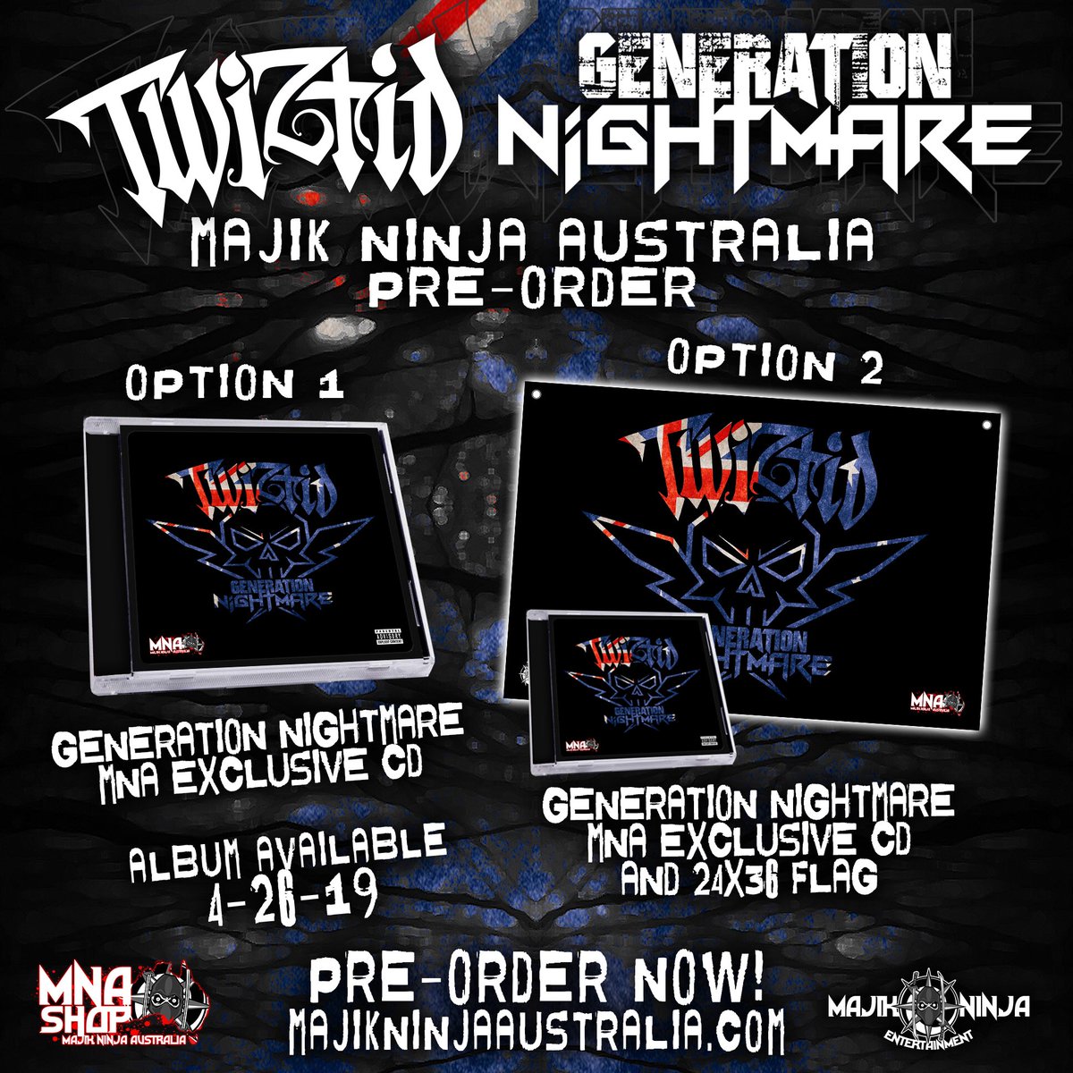 TwiztidShop's tweet photo. Less than a month until @tweetmesohard 's #generationnightmare is here!!!
Check out your #preorder options and get yours now 💀
#majikninjaentertainment #twiztid #underground #majikninjaaustralia #mna #mne https://t.co/ccaIojQKlV