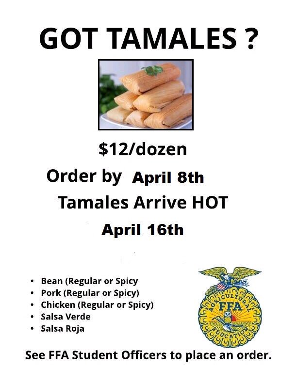 LamarConsFFA's tweet photo. We are currently selling tamales! Find any FFA member to place your order. https://t.co/GaJlU7Q0U6