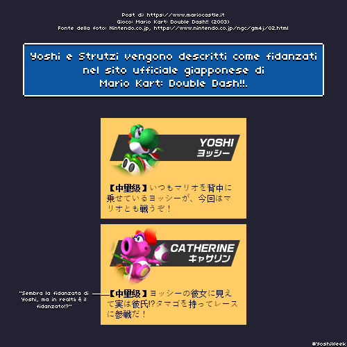 Mariocastle_it's tweet photo. #YoshiWeek (6/7): Il sito ufficiale giapponese di Mario Kart: Double Dash!! definisce esplicitamente Yoshi e Strutzi come fidanzati, e fa riferimento al genere ambiguo di Strutzi.
La traduzione è, approssimativamente:
"Sembra la fidanzata di Yoshi, ma in realtà è il fidanzato!?" https://t.co/g8mrpHW7xv