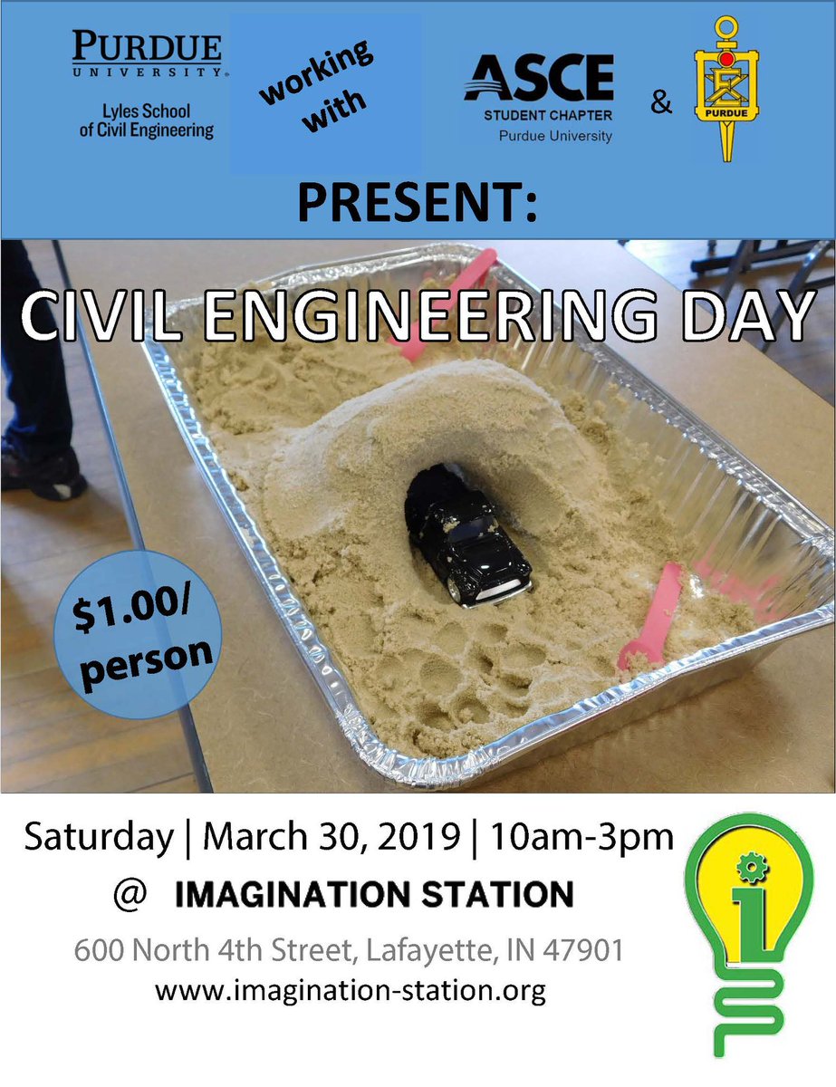 PurdueCCE's tweet photo. REMINDER: From 10 a.m. to 3 p.m. this Saturday we'll be at Imagination Station leading several civil engineering activities. Entry fee is just $1 per person! If you have any friends or family in the area, be sure to share this with them. We'd love to see as many kids as possible! https://t.co/5gRKnbjS1C