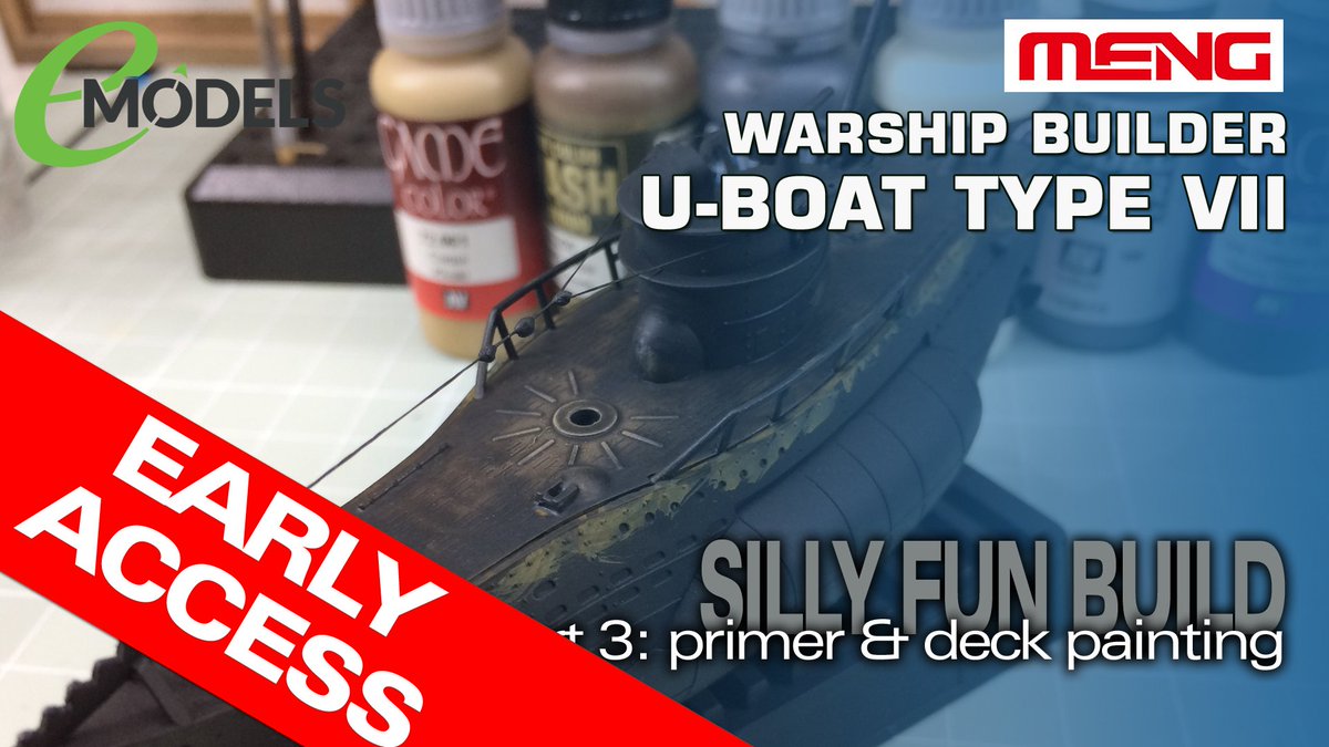 gurufoxx's tweet photo. Part three of the Super-Squishy Meng U-Boat build in which I prime and paint the decking is now up in ad-free Early Access for Patrons - go check it out! https://t.co/dSuEyoPDz2 #meng #UBoat #warshipbulder #modeluboat #modelships #brushpainting #paintingmodels #umpprimer https://t.co/Juj3QU19U4