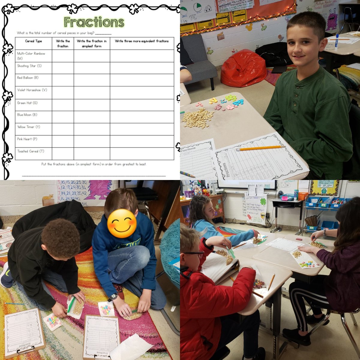 holly_keeton's tweet photo. @WGBulldogs 5th graders used Lucky Charms to model fractions along with solving for simplest form of each fraction represented with their marshmallows &amp; cereal. 💓🎈🌈🍀🌛🌠 #AllMeansAllMCSS #mathisfun #modelingmath #5thGradeRocks #walnutgrove #LuckyCharms https://t.co/IXFcMDNUsg