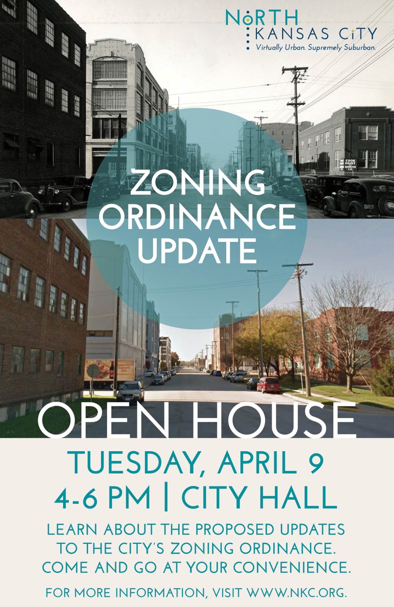 cityofnkc's tweet photo. Mark your calendars!  Join us for a Zoning Ordinance Update Open House on Tuesday, April 9 from 4-6 p.m. at City Hall!  Learn about the proposed updates to the City’s zoning ordinance and come and go at your convenience. #NKC #NorthKC  #ZoningUpdate https://t.co/IzX27w31L8