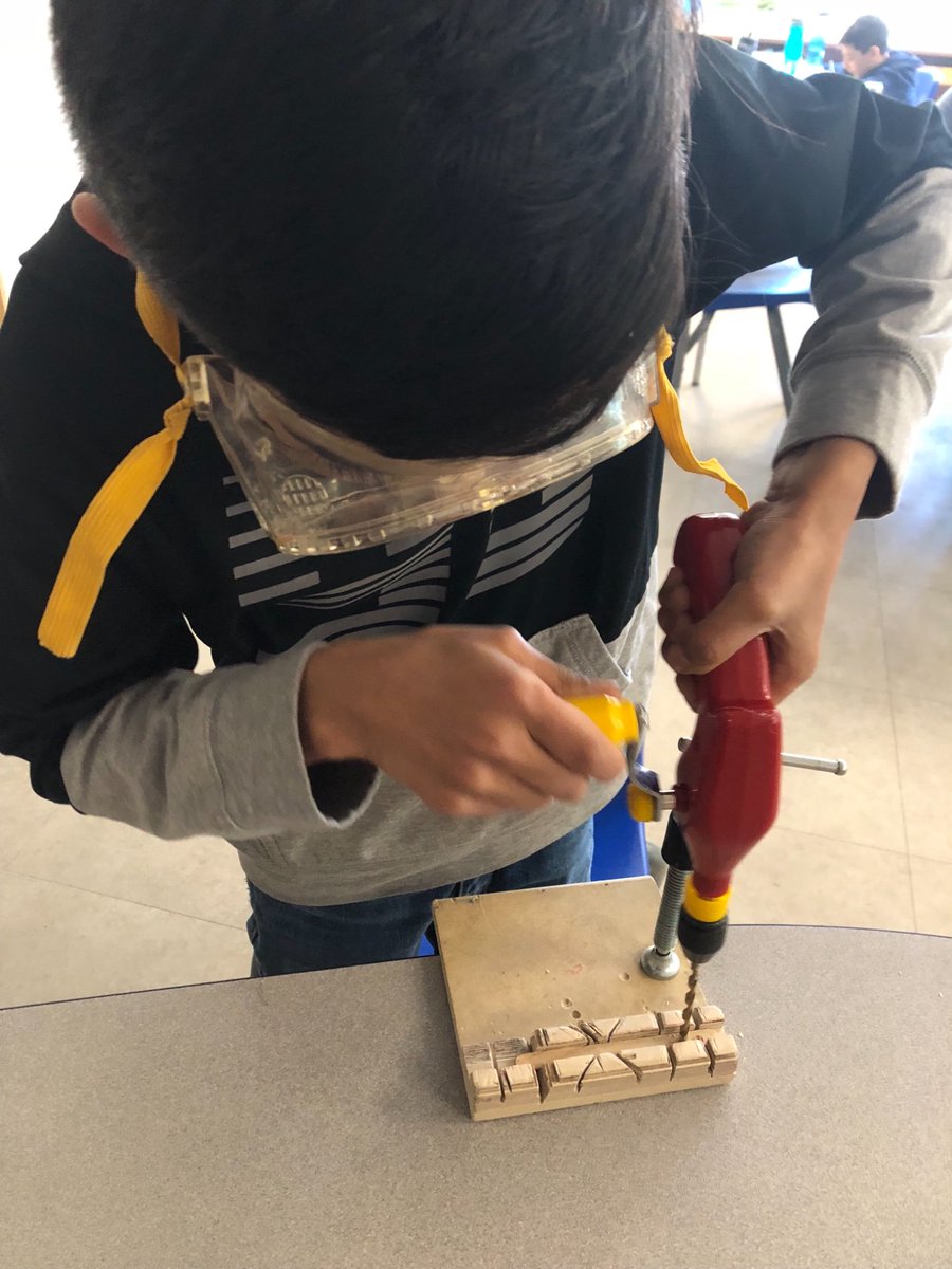 Ss took part in a safety lesson today and learned how to safely handle the #handdrill in #oodDandT while taking part in the Popsicle Stick Challenge
