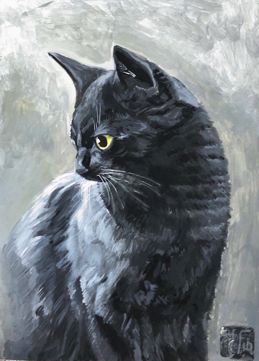 黒ニャンコ アクリル絵の具 B5ケント紙 おはようございます😃 今日は黒