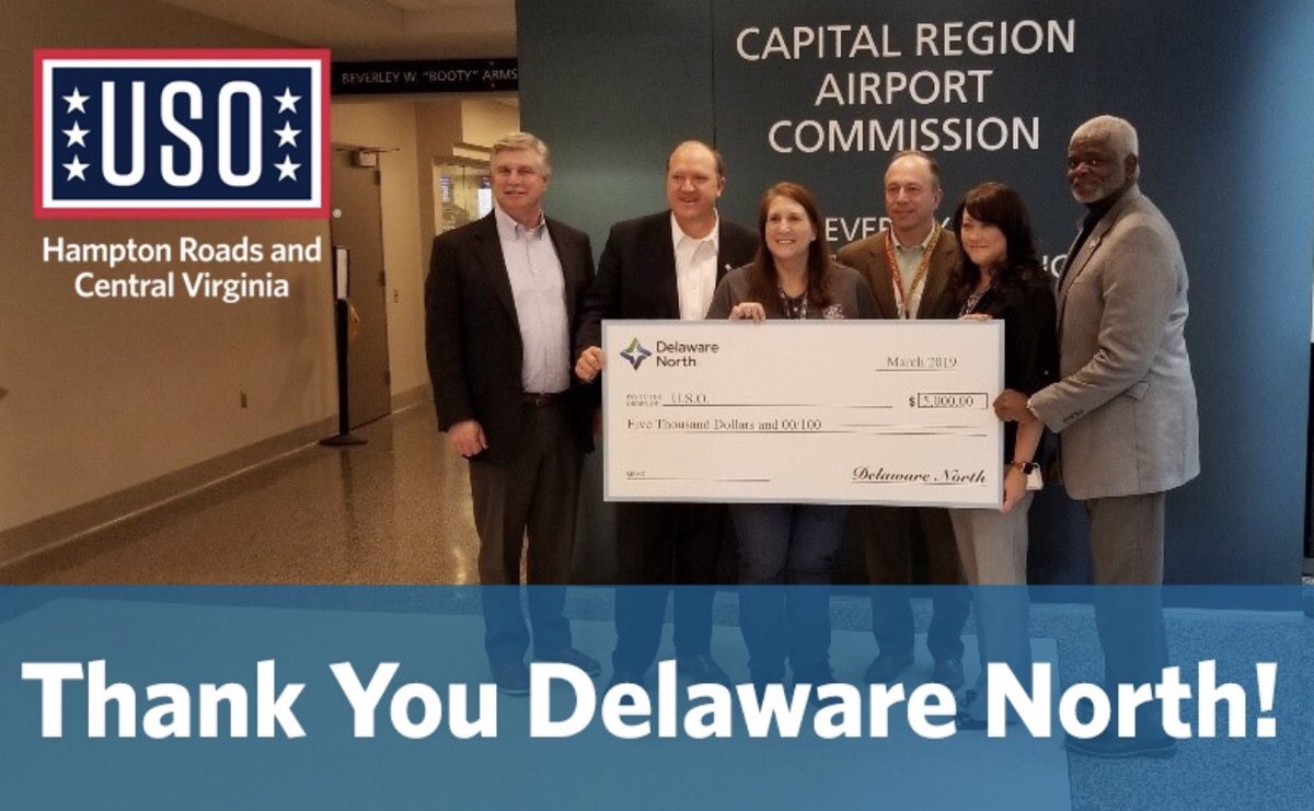 USOHRCV's tweet photo. Thanks to our longtime partner, @delawarenorth for their generous donation to the USO Richmond Airport! #ForceBehindTheForce

Delaware North is a global food service &amp; hospitality company providing restaurant services to our nation’s airports. Learn more https://t.co/E8dICQyJbr https://t.co/p6nGMZN7OQ