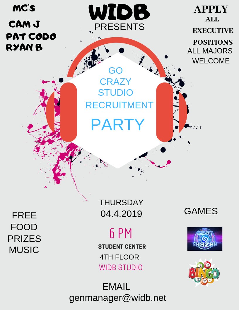 WEAREWIDB's tweet photo. 🗣#SIUC #CARBONDALE ITS GOING DOWN. YOU YES YOU!! ARE INVITED TO OUR 2nd ANUAL GO CRAZY STUDIO &amp; RECRUITMENT PARTY!!! WE HAVE #MUSIC, FREE FOOD, AND GAMES. ALL MAJORS ARE WELCOME. ALSO, WE ARE LOOKING FOR #NEXT MUSC &amp; SPORTS DIRECTOR, OPERATIONS MANAGER, and SOCAL MEDIA. https://t.co/MRSO400bJg