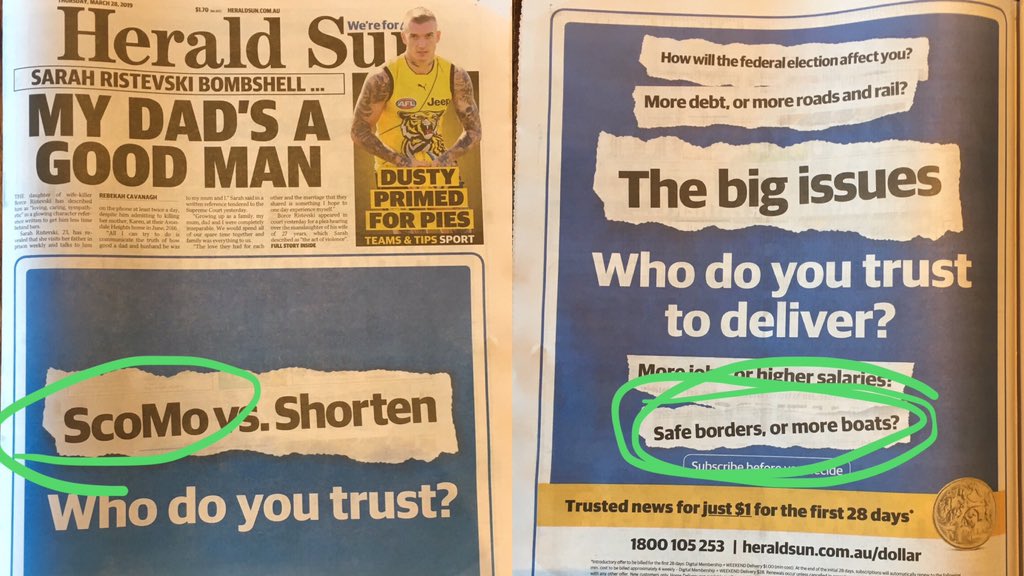 RyanSheales's tweet photo. My issue is that these Herald Sun ads adopt the Coalition’s framing of the issues, and propel the myth that Australians have to choose between “safe borders” and “more boats”. 

(The use of Morrison’s self-selected nickname is also odd, but less of a concern.) https://t.co/45jmLt6Vpd