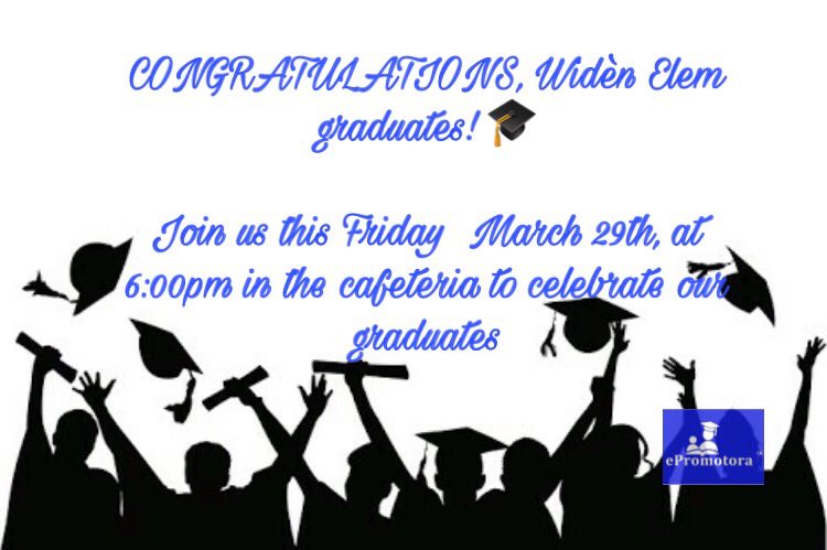 epromotora_p's tweet photo. Happy to announce our #graduation ceremony, celebrating @WidenElementary parents! This Friday 29th, 6:00pn at the cafeteria.
Congratulations, graduates!
@aisdparents @AISDSupt @DoyleAValdez
#epromotoraProgram https://t.co/sAI9gKWi88