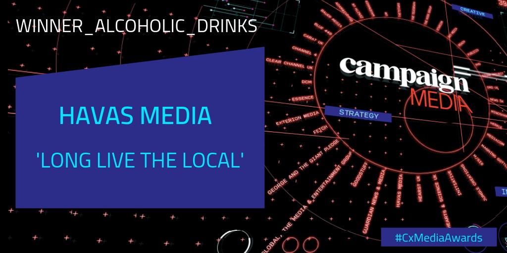 CxMediaAwards's tweet photo. The #CxMediaAwards winner of the Alcoholic Drinks award is @HavasMedia and Britain’s Beer Alliance for ‘Havas Media - Long Live the Local’ - congratulations! https://t.co/sb8rYHVzou