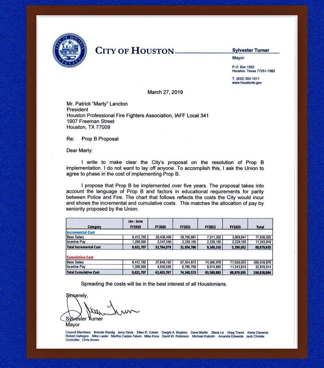 HoustonTX's tweet photo. 🚨 Breaking... Mayor Turner releases a letter sent today to @FirefightersHOU reiterating  the City’s proposal to phase-in Prop B over 5 years to avoid laying off firefighters and municipal workers.
More details coming soon... https://t.co/jIxcYXU53R