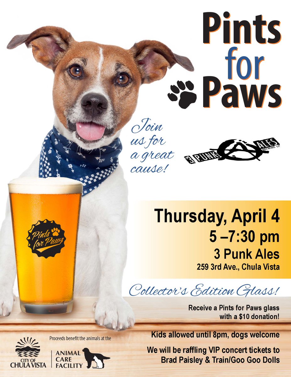 thinkchulavista's tweet photo. #ChulaVista - don't miss Pints for Paws happening Thursday, April 4 from 5 - 7:30 p.m. at Three Punk Ales. Donate $10 to the Animal Care Facility at the event and receive a Pints for Paws glass. @Thr3ePunkAles #THISisChula #cvacf #adoptdontshop https://t.co/I6dRbugTc1