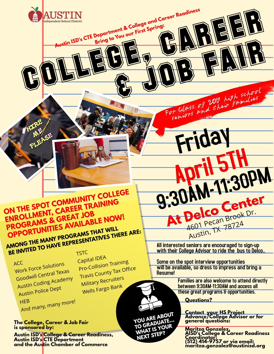 MrsRobinsonCHS's tweet photo. @crocketths19 ! Sign up at the CCC for the College, Career &amp; Job Fair on April 5. Dress to impress and bring your resume - there will be some on the spot interviews! Brought to you by @AISD_CTE and CCC! https://t.co/H0KItZzI0v