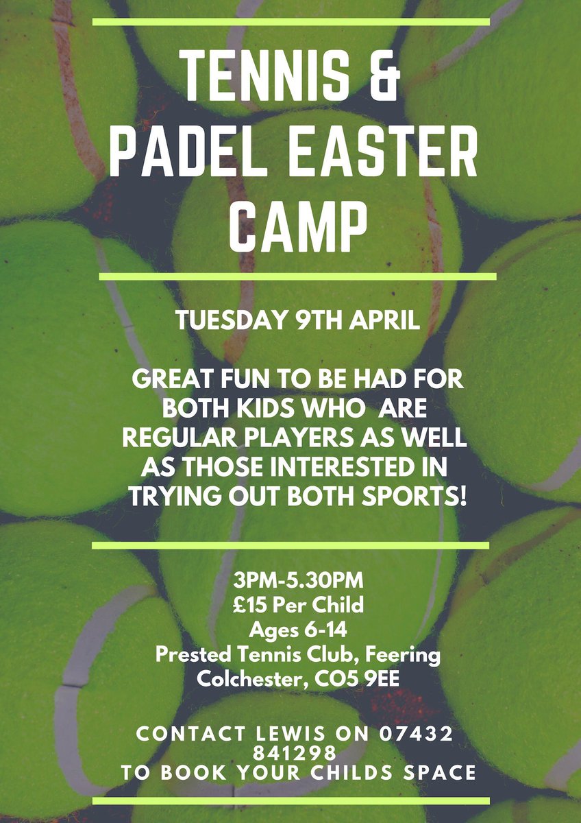 We are looking forward to holding a Tennis and Padel Easter Camp for juniors on Tuesday 9th April. With less than two weeks before the Easter break, make sure you contact Lewis ASAP to ensure that your kids get a space! #Easter #EasterCamp #Padel #Tennis #LawnTennis #Kids #Fun