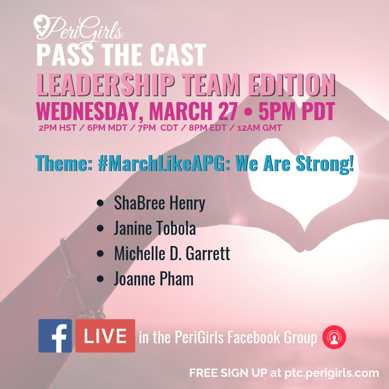 ThePeriGirls's tweet photo. π Check out this amazing lineup on today's #PeriGirls #PassTheCast! Join our Leadership Team at 6 PM PDT today, Wednesday, March 27th. We'll be going live in our closed community on Facebook. Not a member? Head to https://t.co/7FCUj9jFqZ to join! See you there!π #MarchLikeAPG https://t.co/m5Ajht07R2