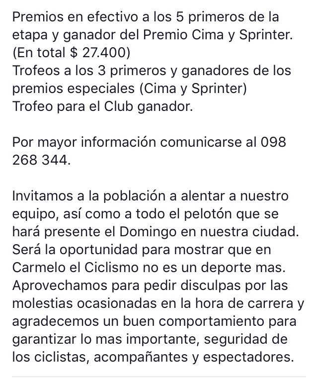 Club_C_Carmelo's tweet photo. Información sobre  #3TourCarmelitano 

@sanantonioteam @clubcfenix @DoloresCycles @FcUruguaya @CiclistaUru @AdrianaLaca1 @PetizoJavier @CX146 @CX146 @CarmeloPortal @CarmeloCiudad https://t.co/62Npt2W7TJ