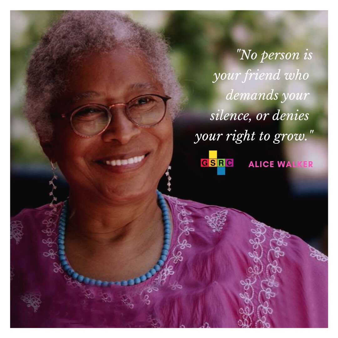 cusagsrc's tweet image. Quote of the Week: “No person is your friend who demands your silence, or denies your right to grow.” - Alice Walker 🏳️‍🌈
•
[image description] Alice walker pictures in a pink shirt smiling.