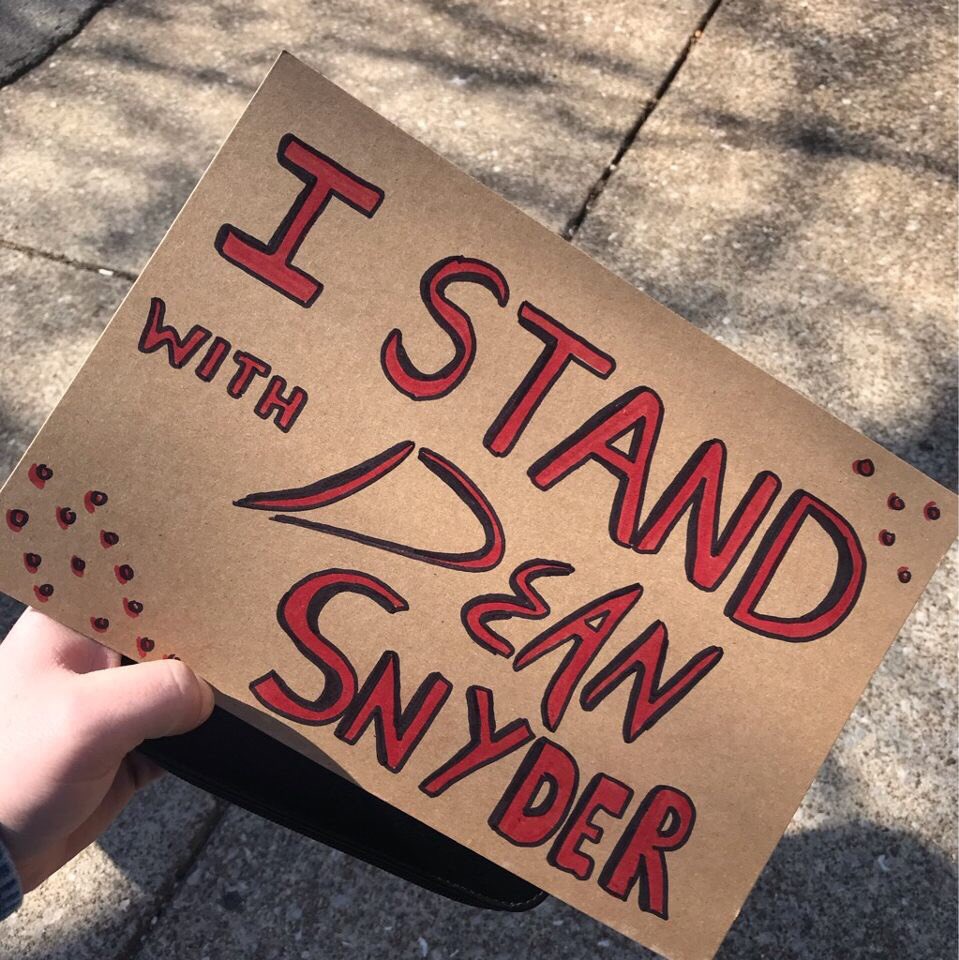ariellenotrad's tweet photo. Join us tomorrow morning at 9:30 as we stand and protest again for Dean Snyder outside of Weatherby and Potter Hall! #StandWithSnyder #SnyderStrong #TellUsWhy https://t.co/W3bzHt80ST