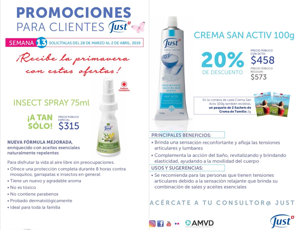 JustPromociones's tweet image. Estas son las ofertas hasta el 2 de abril 
#insectspray #repelente de insectos a $315 
Crema de #SanActiv a $458
Envío gratis a toda la República 🇲🇽
#swissjust #just #swissjustmexico #bienestar