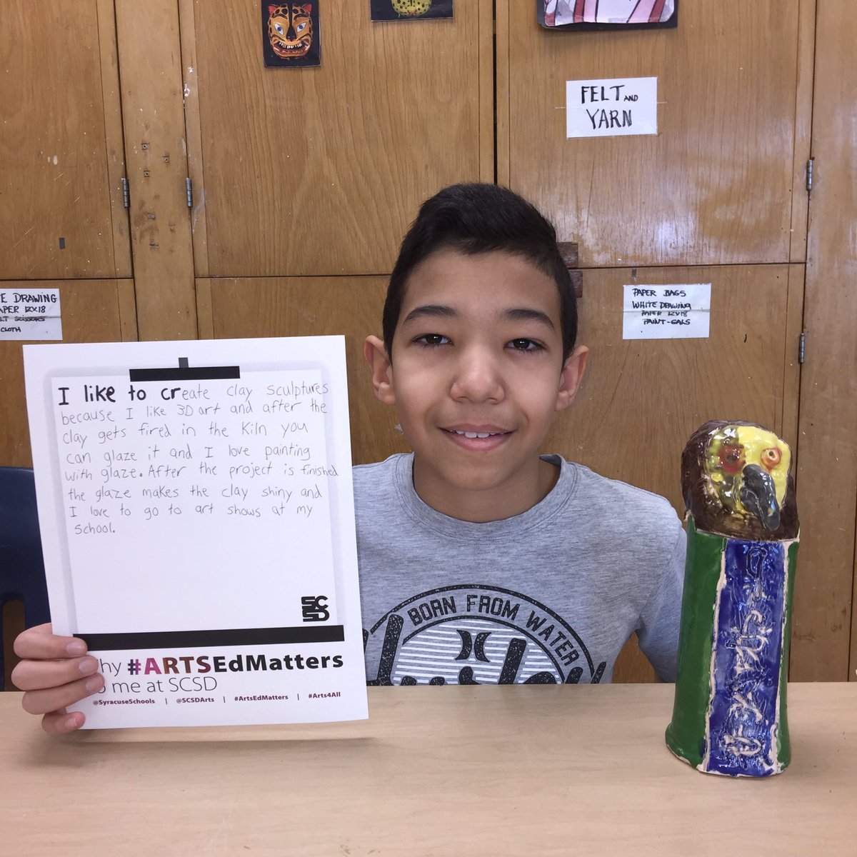 JoeFosterArt's tweet photo. Salem Hyde Sixth Grader with Ceramic Ancient Egyptian Canopic Jar @SCSDArts @SyracuseSchools @SalemHyde @youthartmonthNY @NYSATA @NAEA #ArtsEdMatters #ArtsEd4All #YAM https://t.co/lwwG8mcaFS