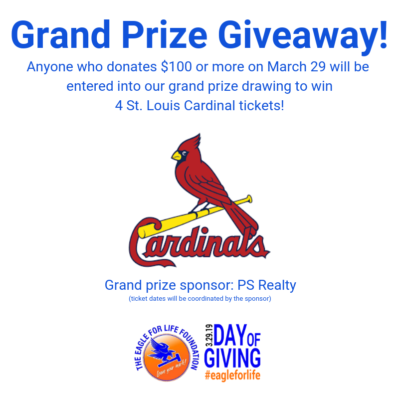 EagleforLife24's tweet photo. All donors who contribute $100 or more for #EagleforLifeDayofGiving will be entered into a grand prize drawing for St. Louis Cardinals tickets! Ticket dates will be coordinated by our prize sponsor, PS Realty. Donate now at https://t.co/IxwtzWKKzh https://t.co/H703KPMVyi