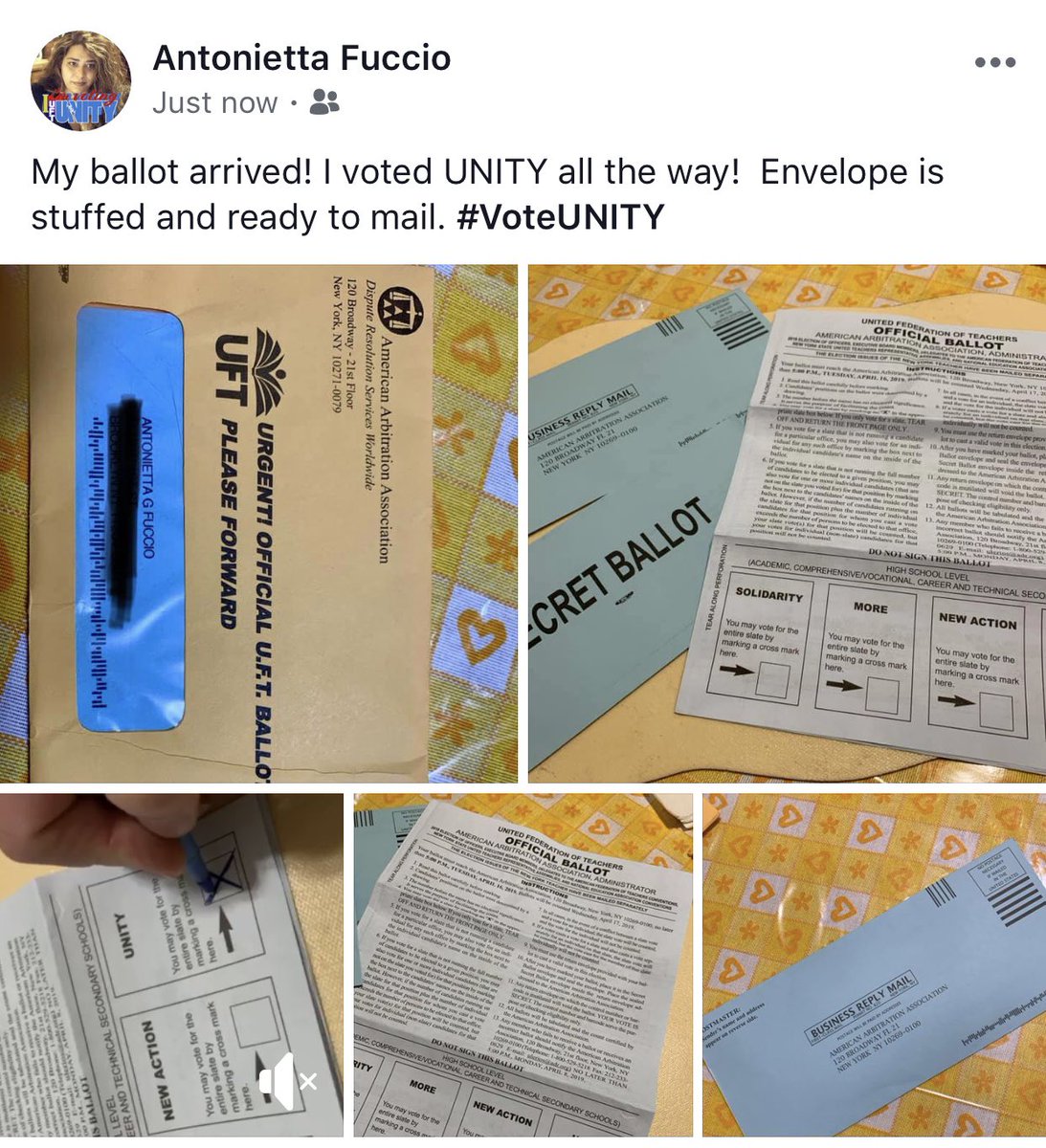 smiles_sempre's tweet photo. I received my Ballot. I voted UNITY! @UFT @UFT_Elementary @UFTMS_Division @UFTParas #VoteUnity #UNITYproud #UNITY #VOTEUNITY https://t.co/Vts2nIU8kT