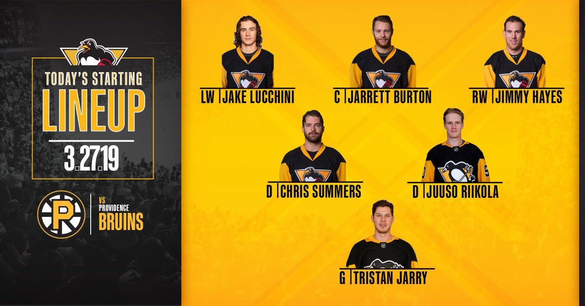 WBSPenguins's tweet photo. Here's a look at the #WBSPens starting lineup tonight against the @AHLBruins https://t.co/pegut3DSNC