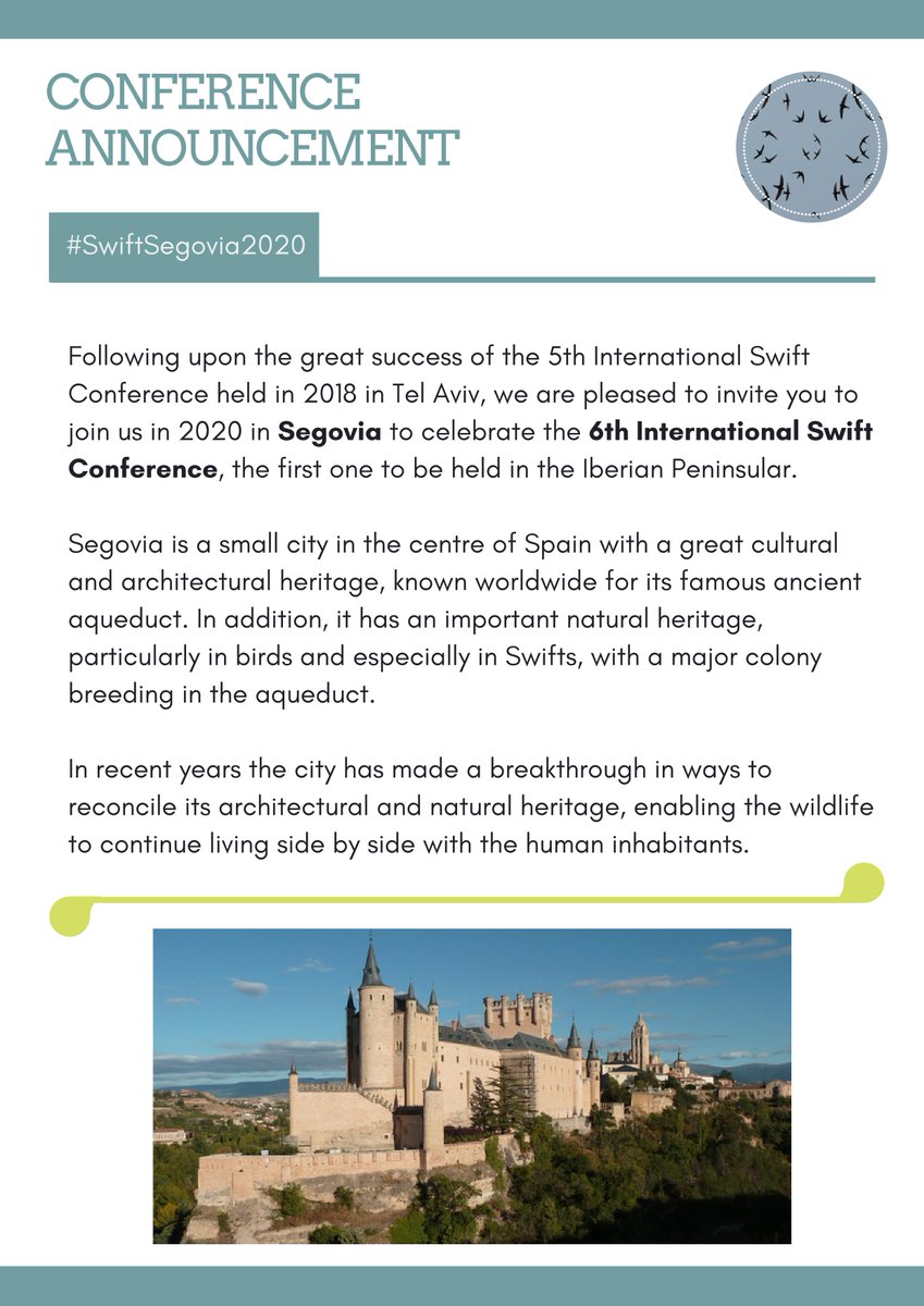 ForoGeobiosfera's tweet photo. #Forogeobiosfera os invita a que os unáis a nosotros en #Segovia para celebrar el 6º Congreso Internacional de #vencejos, el primero que se va a realizar en el #Península #Ibérica del 20 al 22 de mayo de 2020. Síguenos con #SwiftSegovia2020 https://t.co/beQujqO0Af