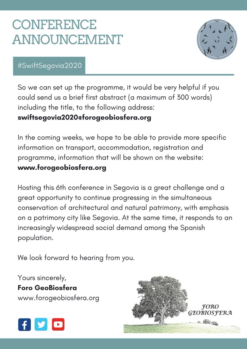ForoGeobiosfera's tweet photo. #Forogeobiosfera os invita a que os unáis a nosotros en #Segovia para celebrar el 6º Congreso Internacional de #vencejos, el primero que se va a realizar en el #Península #Ibérica del 20 al 22 de mayo de 2020. Síguenos con #SwiftSegovia2020 https://t.co/beQujqO0Af