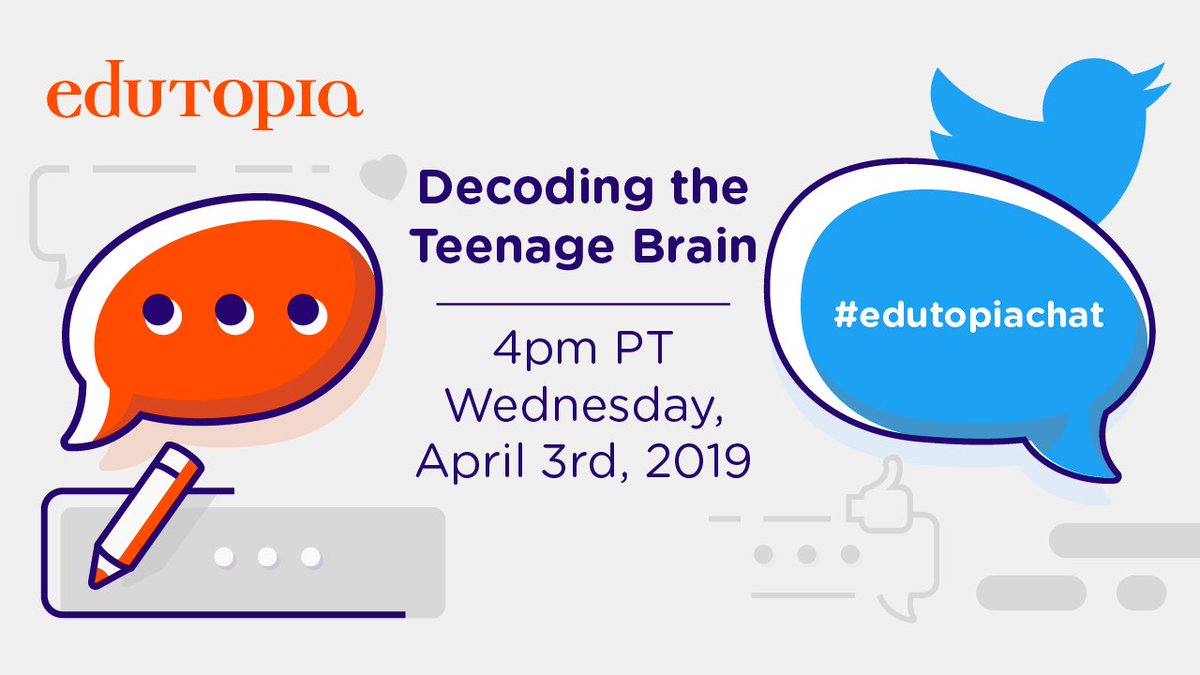 edutopia's tweet photo. Calling all middle, and high school, teachers. Join us for a special #EdutopiaChat about the workings of the teenage brain. Our very own @smerrill777 will co-moderate. Talk to us Wed 4/3 at 4pm PT / 7 pm ET. https://t.co/yFX0miIMuR