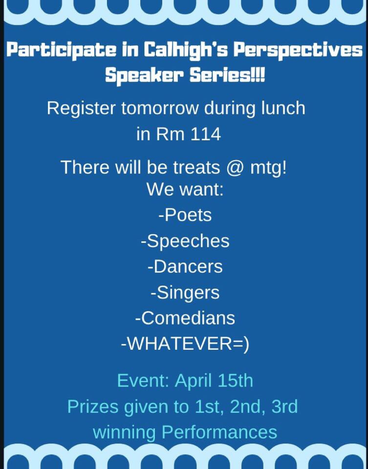 Want to share your passion with the student body? Come to the Perspectives Speaker Series Meeting TOMORROW AT LUNCH!! More details below ⤵️